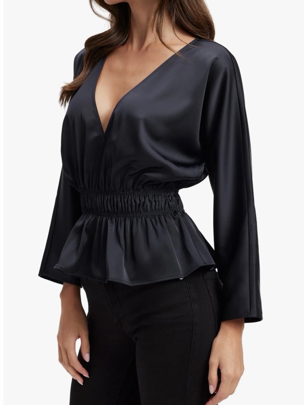 NWT! Good American Black Deep-V Neck- SZ 1=Small- Dolman Sleeve Satin Top Blouse - Picture 3 of 13